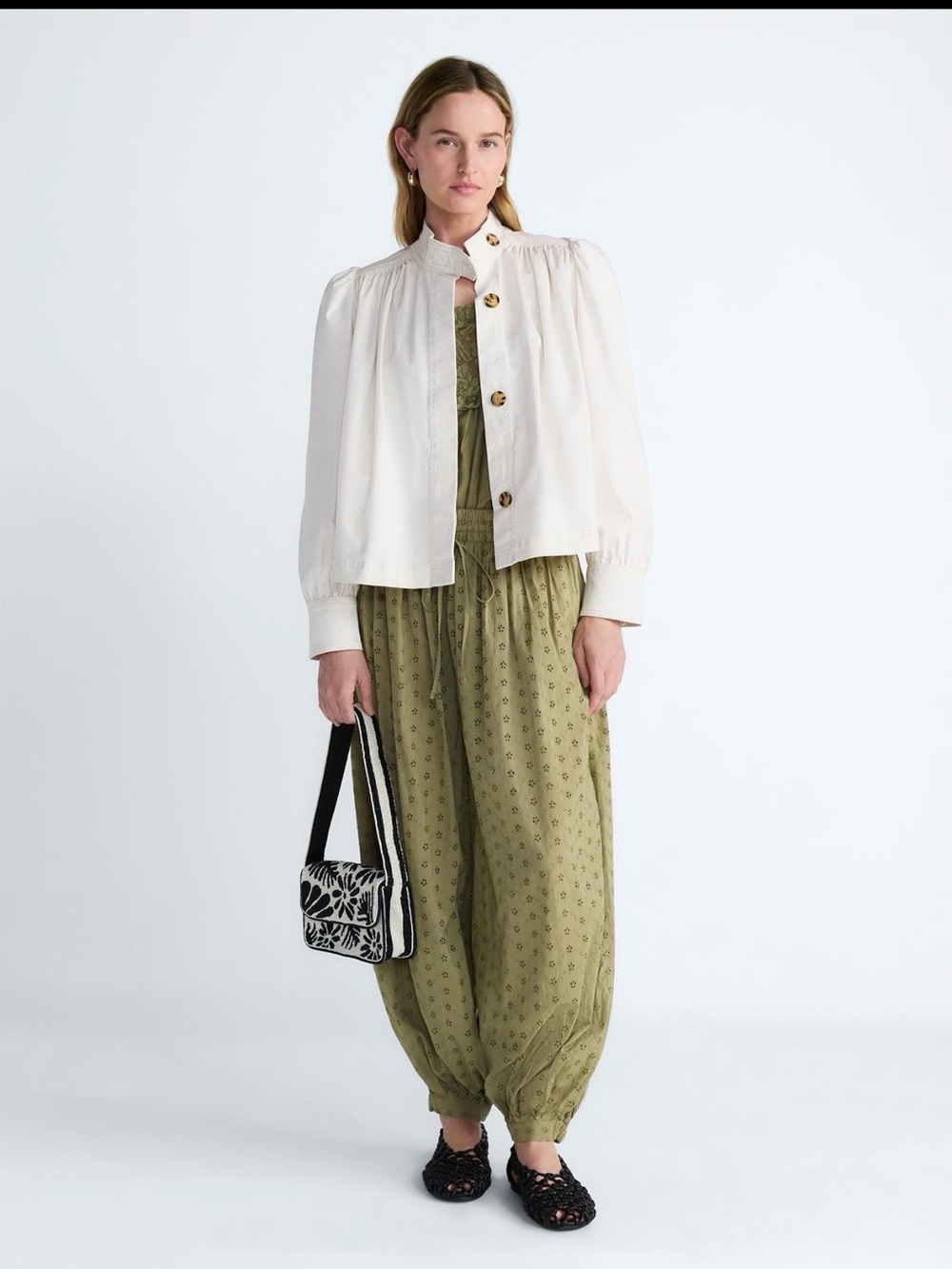 Eileen Fisher Cream Button-Front Cotton Jacket with Puff Shoulders